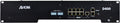 Front panel of a black AVIOM D400 audio device with multiple ethernet ports, dip switches, and indicator LEDs.
