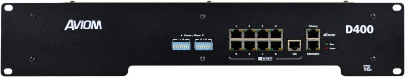 Front panel of a black AVIOM D400 audio device with multiple ethernet ports, dip switches, and indicator LEDs.