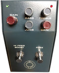 Dark green guitar pedal with five control knobs and two footswitches labeled Hi Freq Boost and Fuzz.