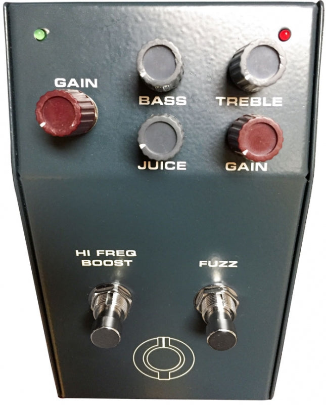 Dark green guitar pedal with five control knobs and two footswitches labeled Hi Freq Boost and Fuzz.