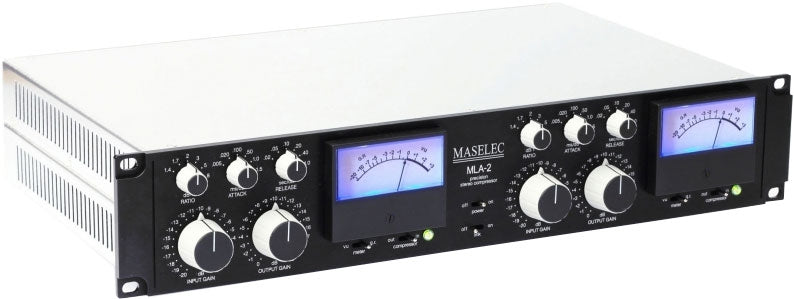 Front view of a black MASELEC MLA-2 stereo compressor with illuminated meters and multiple control knobs and switches.
