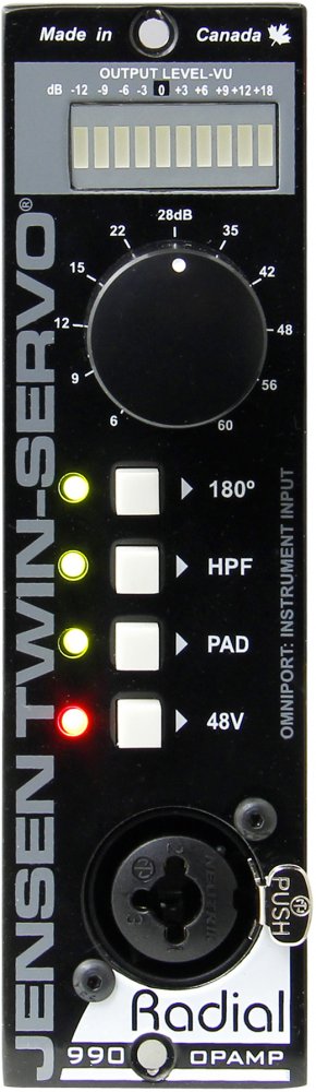 Front panel of a Radial Jensen Twin-Servo preamp with knob, LED indicators, buttons, and a combo input jack.
