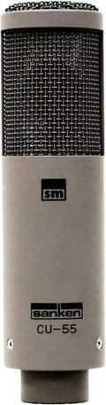Studio microphone with mesh grille and labels reading sm, sanken, CU-55.