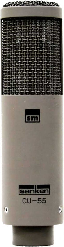 Studio microphone with mesh grille and labels reading sm, sanken, CU-55.
