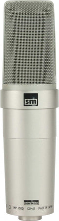 Silver studio microphone with mesh grille and labels including sm, sanken, CU-41, and made in Japan.