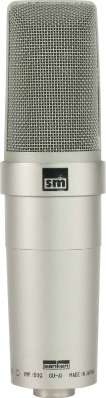 Silver studio microphone with mesh grille and labels including sm, sanken, CU-41, and made in Japan.