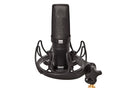 Black studio microphone labeled CU-44XII in a shock mount with a white background.