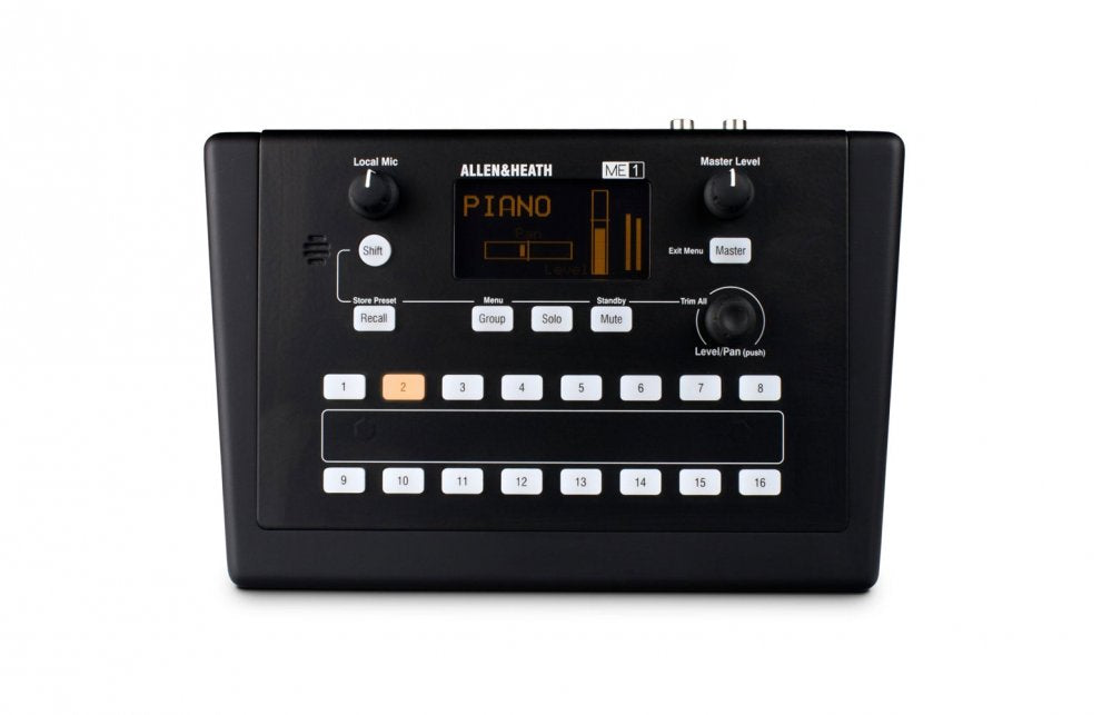 Black Allen & Heath ME-1 audio device with display, multiple buttons, knobs, and a 1/4 inch jack on top.