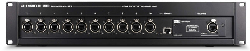 Black rack-mount audio interface with ten XLR outputs, an Ethernet port, and a combo input jack.
