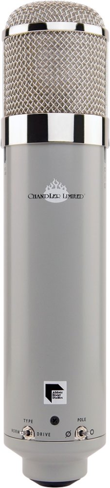 Silver cylindrical microphone with metal mesh grille and two toggle switches on the base.