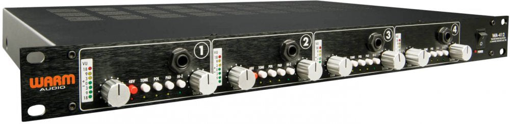 Black rack-mounted audio device with four channels, each with knobs, buttons, and 1/4 inch input jacks.