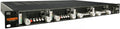 Black rack-mounted audio device with four channels, each with knobs, buttons, and 1/4 inch input jacks.