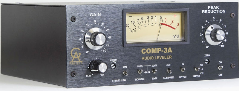 Front view of a black and silver audio leveler with gain and peak reduction knobs, switches, and a VU meter.