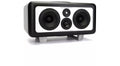 Black and white studio monitor speaker with four drivers and silver feet on a white background.