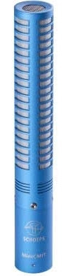 Blue cylindrical microphone with silver grille and label 'SCHOEPS MiniCMIT'
