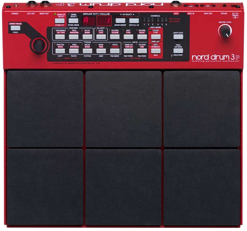 Top view of a red Nord Drum 3P drum machine with six black pads and various control buttons and knobs