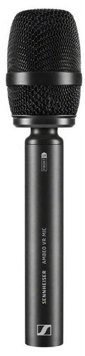 Black cylindrical microphone with metal mesh grille and Sennheiser branding on the handle.