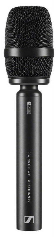 Black cylindrical microphone with metal mesh grille and Sennheiser branding on the handle.