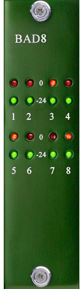 Green device front panel labeled BAD8 with rows of red, orange, and green indicator lights numbered 1 to 8.