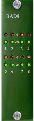 Green device front panel labeled BAD8 with rows of red, orange, and green indicator lights numbered 1 to 8.