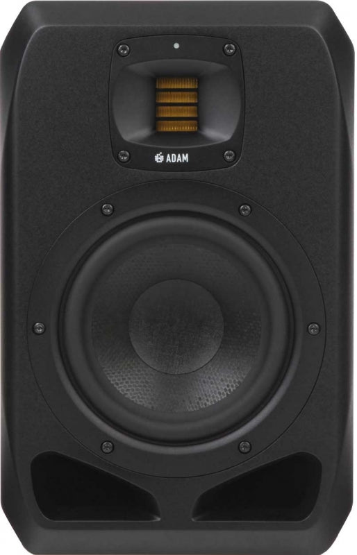 Front view of a black studio monitor speaker with a yellow folded diaphragm tweeter and large woofer driver.
