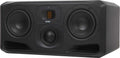 Black studio monitor speaker with two woofers, a tweeter, and a midrange driver on the front panel.