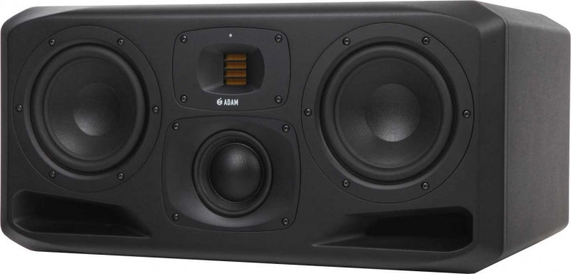 Black studio monitor speaker with two woofers, a tweeter, and a midrange driver on the front panel.