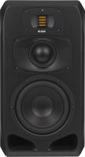 Front view of a black studio speaker with three speaker drivers and ADAM branding.
