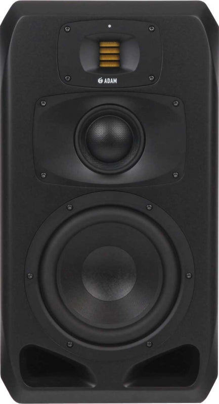 Front view of a black studio speaker with three speaker drivers and ADAM branding.