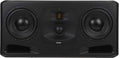 Front view of a black studio monitor speaker with two large drivers and one centered smaller driver below a ribbed element.