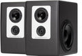 Pair of black studio monitors with white front panels and visible speaker cones.