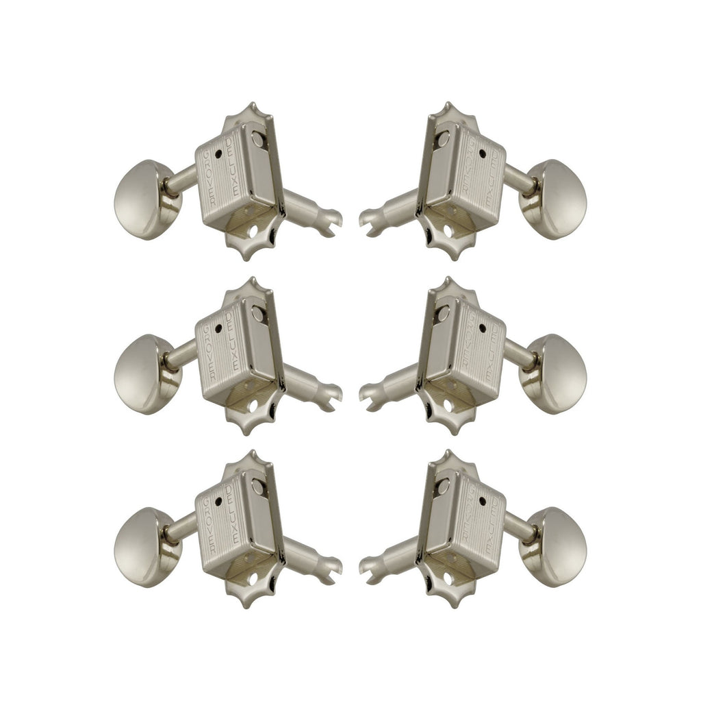 Six nickel-colored guitar machine heads arranged in three pairs on a white background.