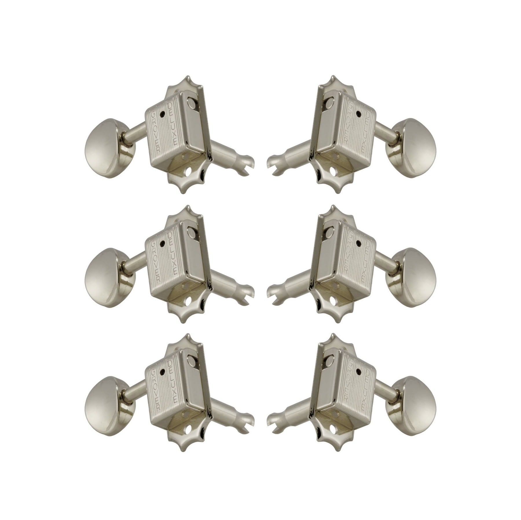 Six nickel-colored guitar machine heads arranged in three pairs on a white background.