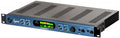Black and blue audio converter with front panel display, buttons, headphone jacks, and rotary knob in a rackmount case.