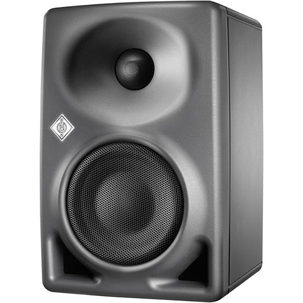 Black studio monitor speaker with a tweeter and larger woofer protected by metal mesh and front bass ports
