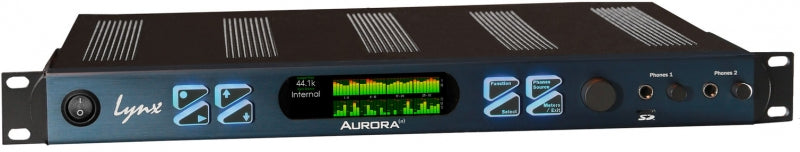 Front view of a black Lynx Aurora audio converter rack unit with display, buttons, and headphone jacks.