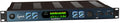 Front panel of a black rackmount audio device with display, buttons, rotary knob, and headphone jacks.