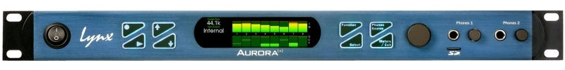 Front panel of a Lynx Aurora (n) audio device with power switch, display, knobs, buttons, headphone jacks, and SD card slot.