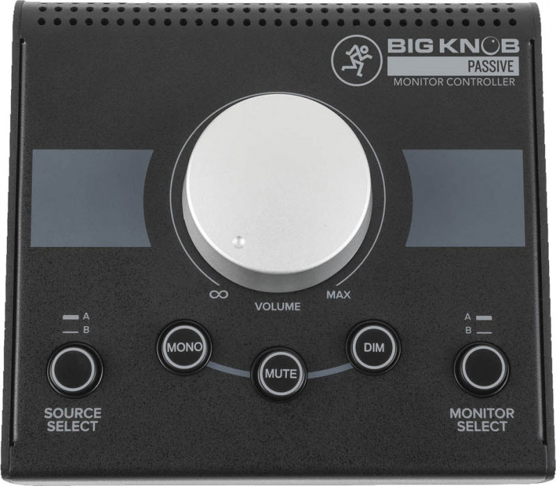 Black Mackie Big Knob Passive monitor controller with a large silver volume knob and multiple buttons.