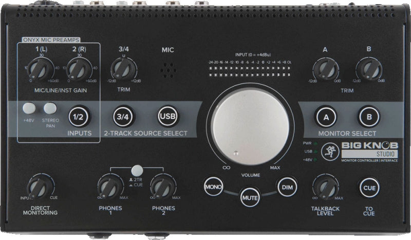 Top view of a black Mackie Big Knob Studio monitor controller with multiple knobs and buttons for audio control.