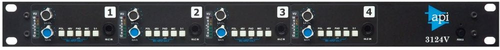Black rack-mounted audio device with four identical channel sections and API branding on the right side.