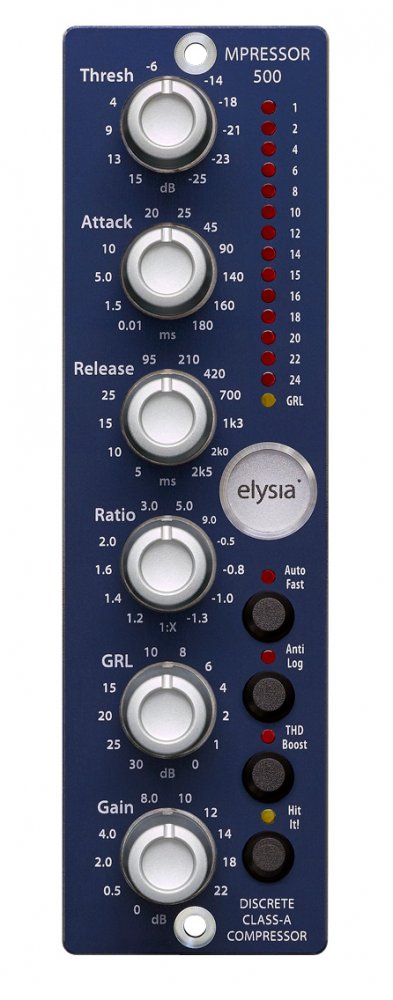 Blue audio compressor module with multiple rotary knobs and LED indicators labeled MPRESSOR 500 by elysia.