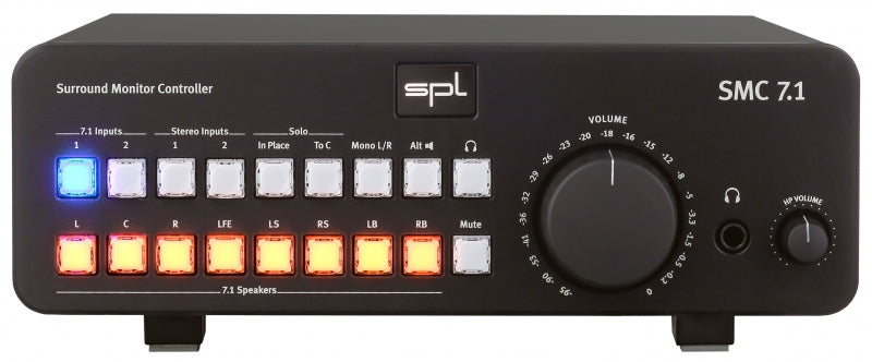Black SPL SMC 7.1 monitor controller with illuminated buttons, volume dial, and headphone jack on front panel.