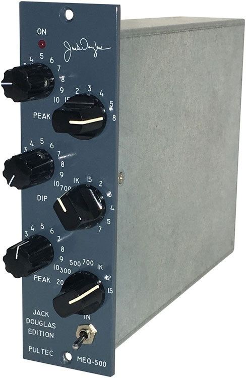 Studio equalizer module with five black knobs, a toggle switch, and a 1/4 inch input jack on a gray panel.