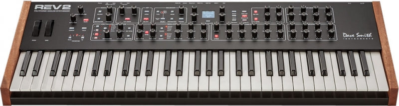 Black and wooden keyboard synthesizer with multiple knobs, buttons, and a small screen above the keys.