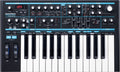 Black Novation Bass Station II analog synthesizer keyboard with numerous control knobs, faders, wheels, and LED display.