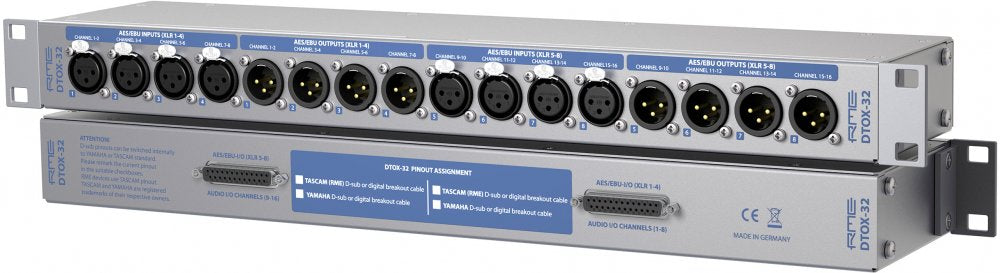 Front and rear views of a RME DTOX-32 patchbay with multiple XLR AES/EBU inputs and outputs and a D-sub digital breakout connector.