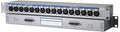 Rackmount audio patchbay panel with 16 XLR female inputs and two D-sub connectors labeled for analog inputs.