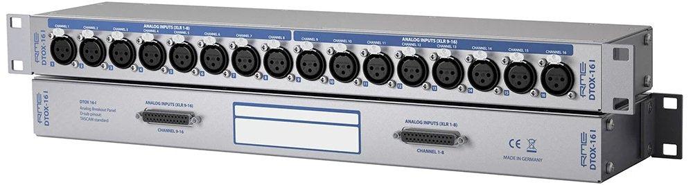 Rackmount audio patchbay panel with 16 XLR female inputs and two D-sub connectors labeled for analog inputs.