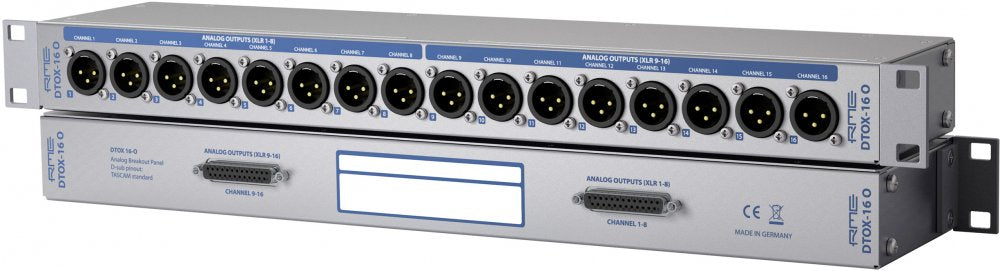 Audio patchbay panel with sixteen XLR female connectors and two D-sub connectors mounted in a rack.
